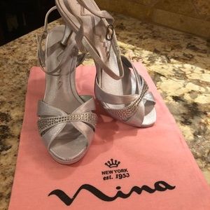 Brand new silver Nina heels with rhinestones